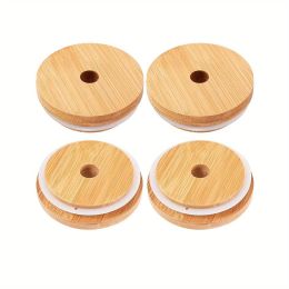 2/4pcs Bamboo Jar Lids With Straw Hole; Reusable Bamboo Jar Lids; Leak Proof Glass Canning Drinking Storage Jars; Canning Lids With Silicone Ring (Quantity: 4pcs)