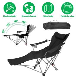 Reclining Camping Chair with Footrest 4-Position Adjustable Outdoor Folding Chair Heavy Duty Portable Camping Lounge Chair with Headrest Cup Hold (Color: Black)